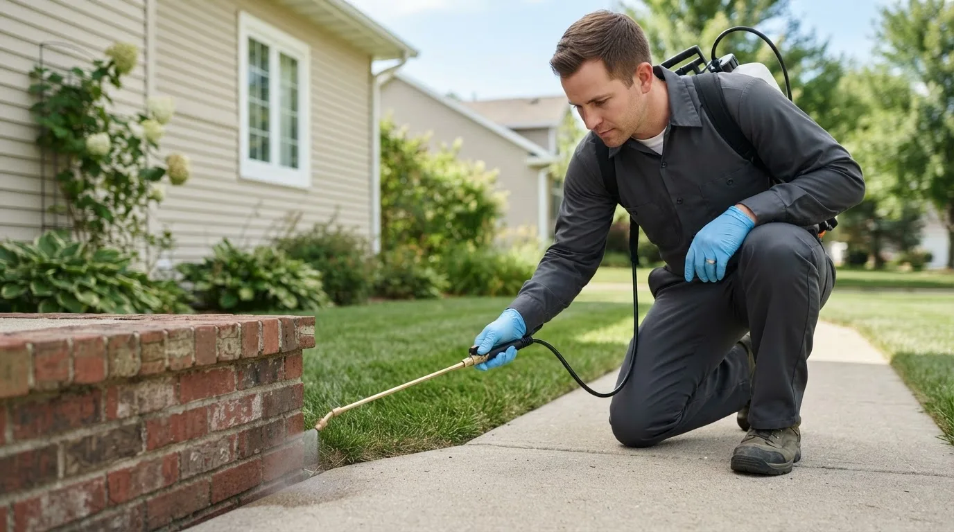 Pest control technician treating a home near Saint Marys, OH
